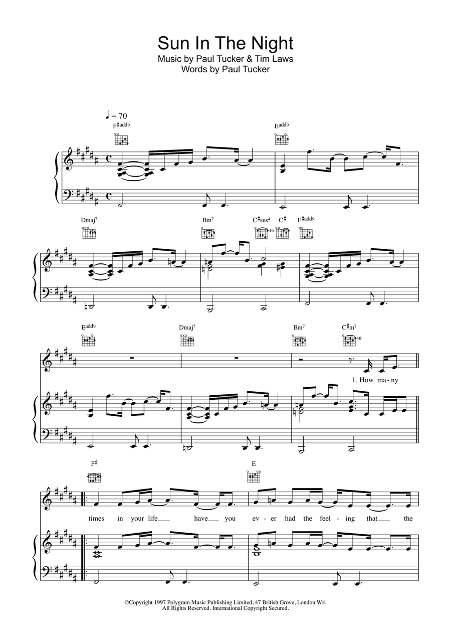 Sun In The Night Piano, Vocal, Guitar scores gallery preview page 1