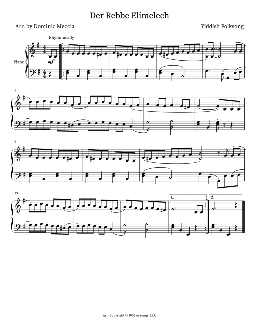 Der Rebbe Elimelech (the Rebbe Elimelech) Easy Piano scores gallery preview page 1