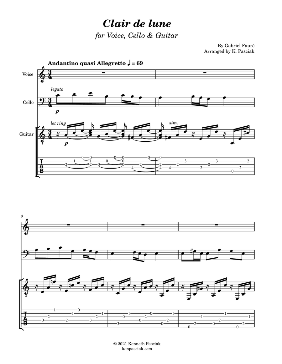 Clair de Lune (for Voice, Cello and Guitar) Small Ensemble scores gallery preview page 3