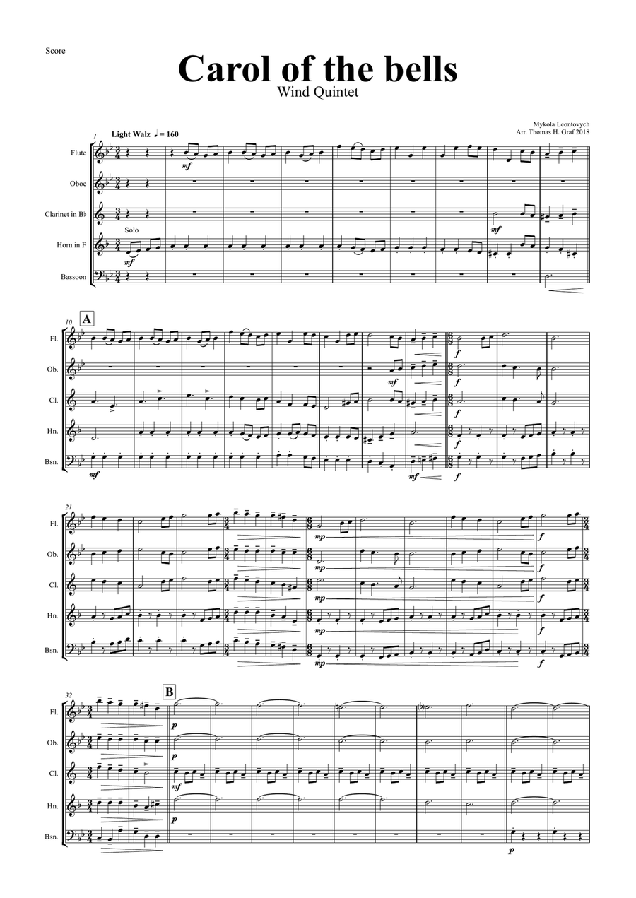 Carol of the Bells - Pentatonix style - Wind Quintet Woodwind Quintet scores gallery preview page 1