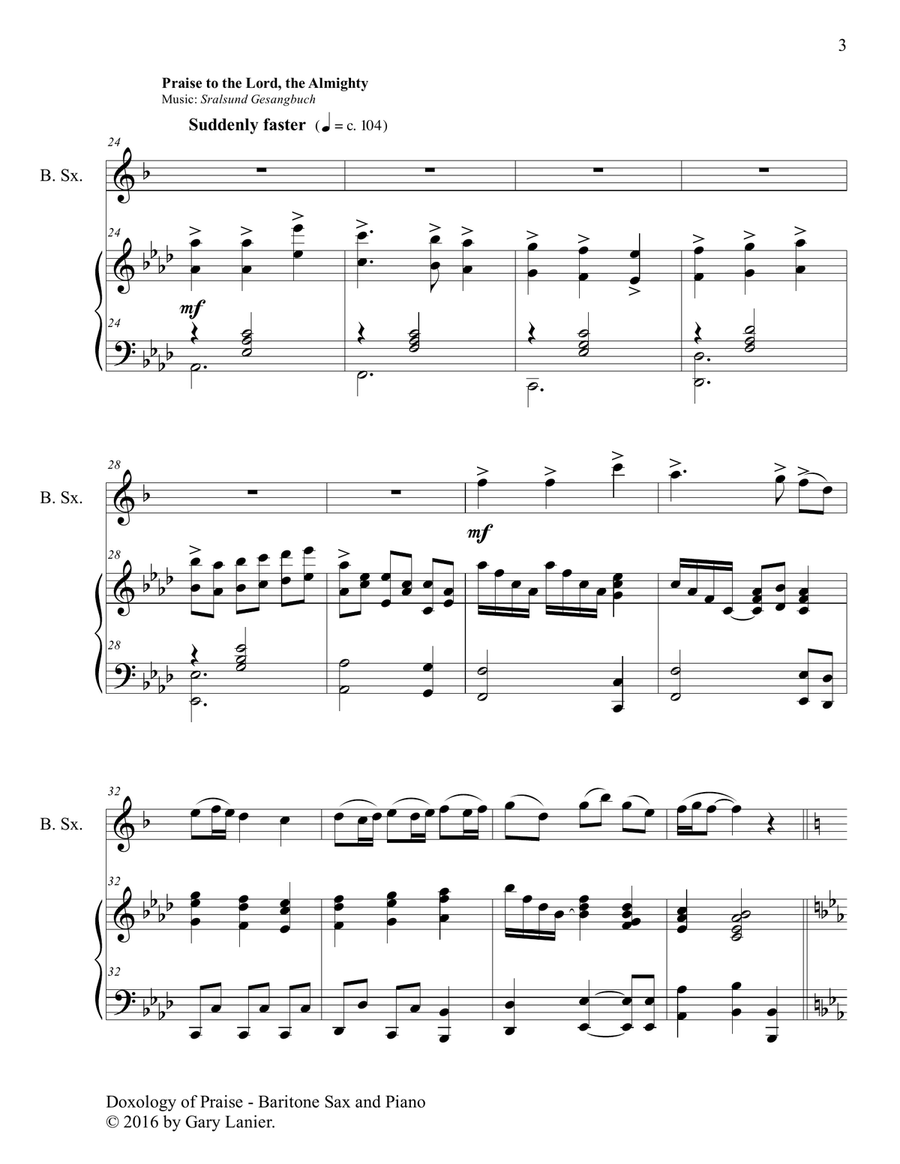 DOXOLOGY of PRAISE (Duet – Baritone Sax & Piano with Parts) Woodwind Duet scores gallery preview page 4