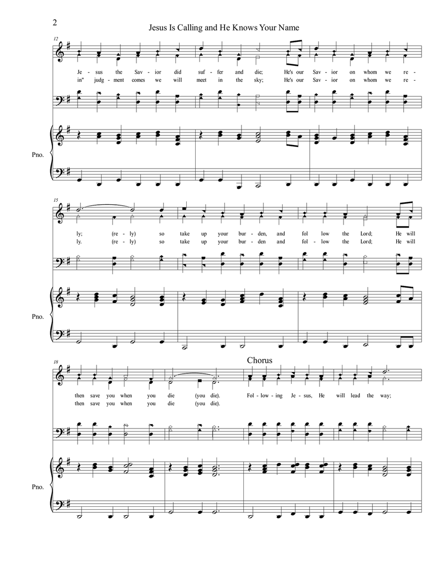 Jesus Is Calling and He Knows your Name Choir scores gallery preview page 2