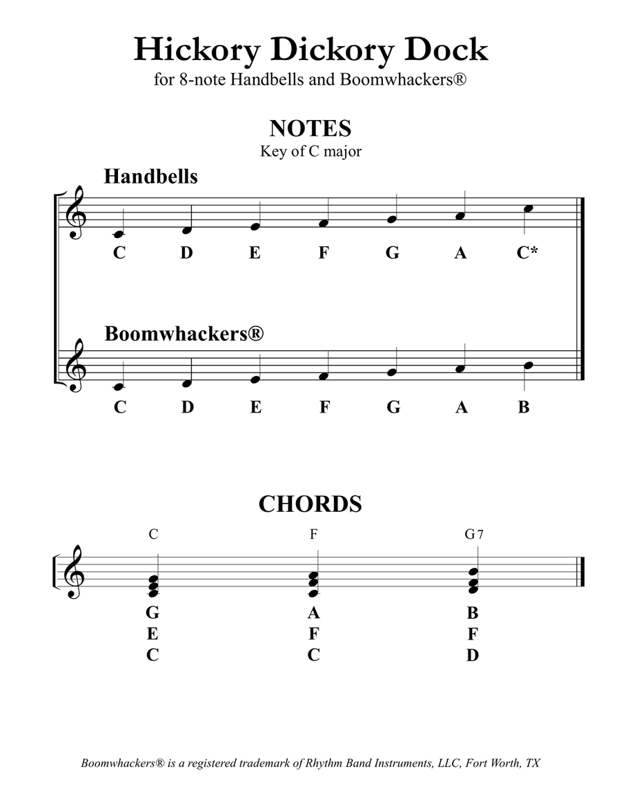 Hickory Dickory Dock (for 8-note Bells and Boomwhackers with Black and White Notes) Handbell Choir scores gallery preview page 3