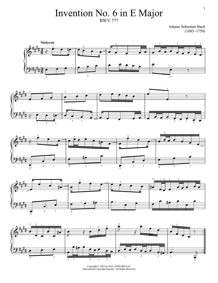 Invention No. 6 In E Major, BWV 777 Piano Solo scores gallery preview page 1