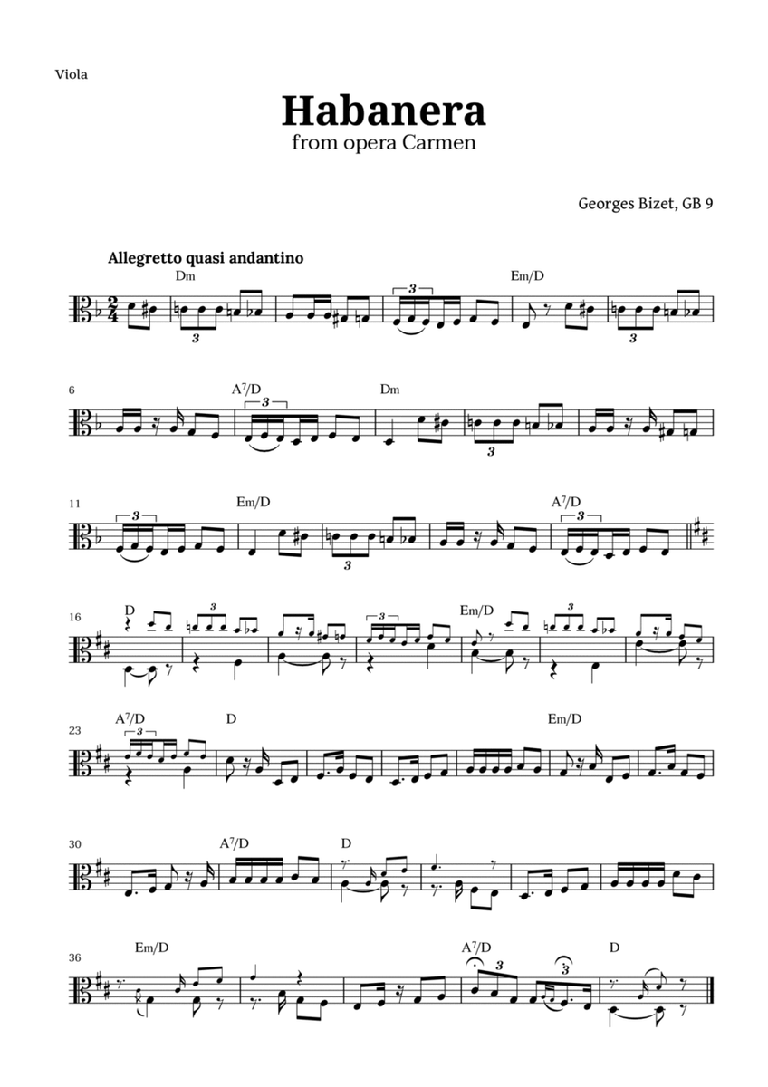 Habanera from Carmen by Bizet for Viola with Chords image number null