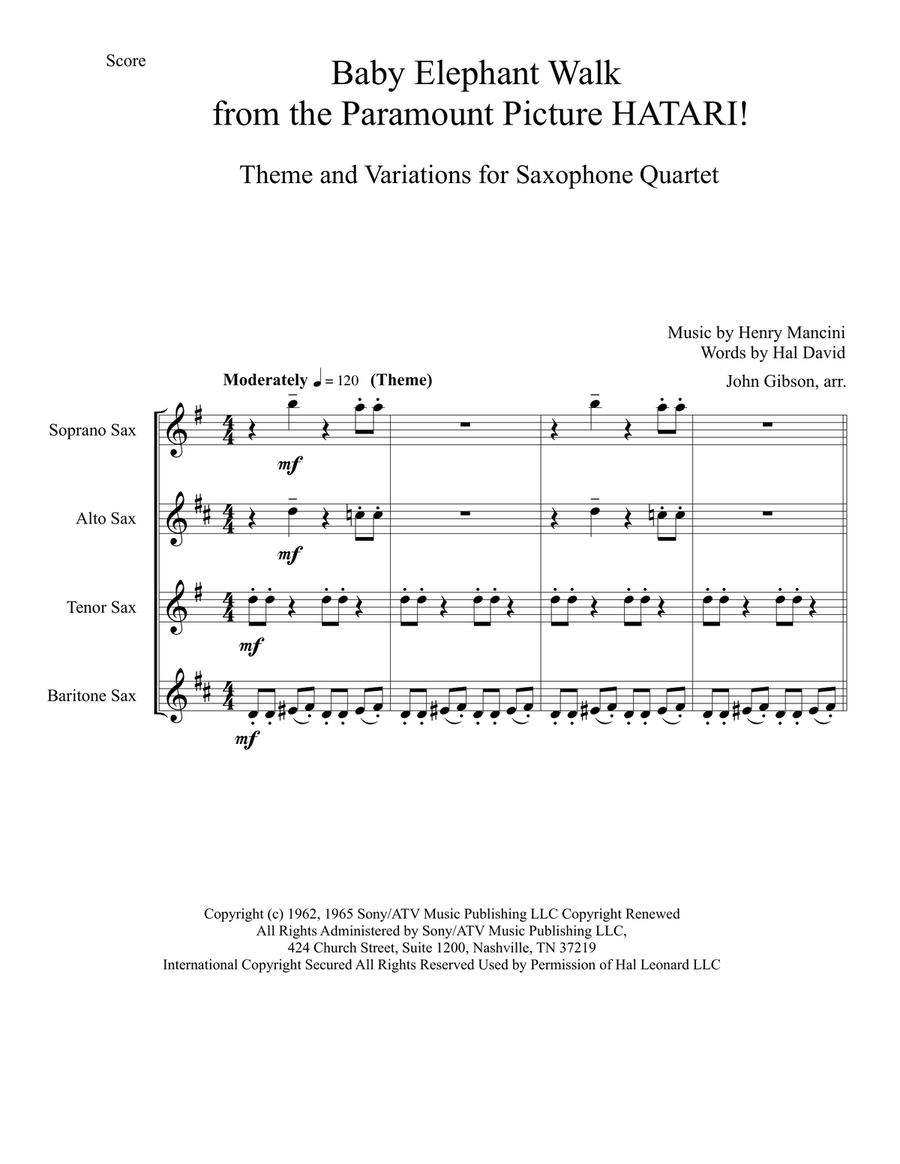 Baby Elephant Walk from the Paramount Picture HATARI! Saxophone Quartet scores gallery preview page 2