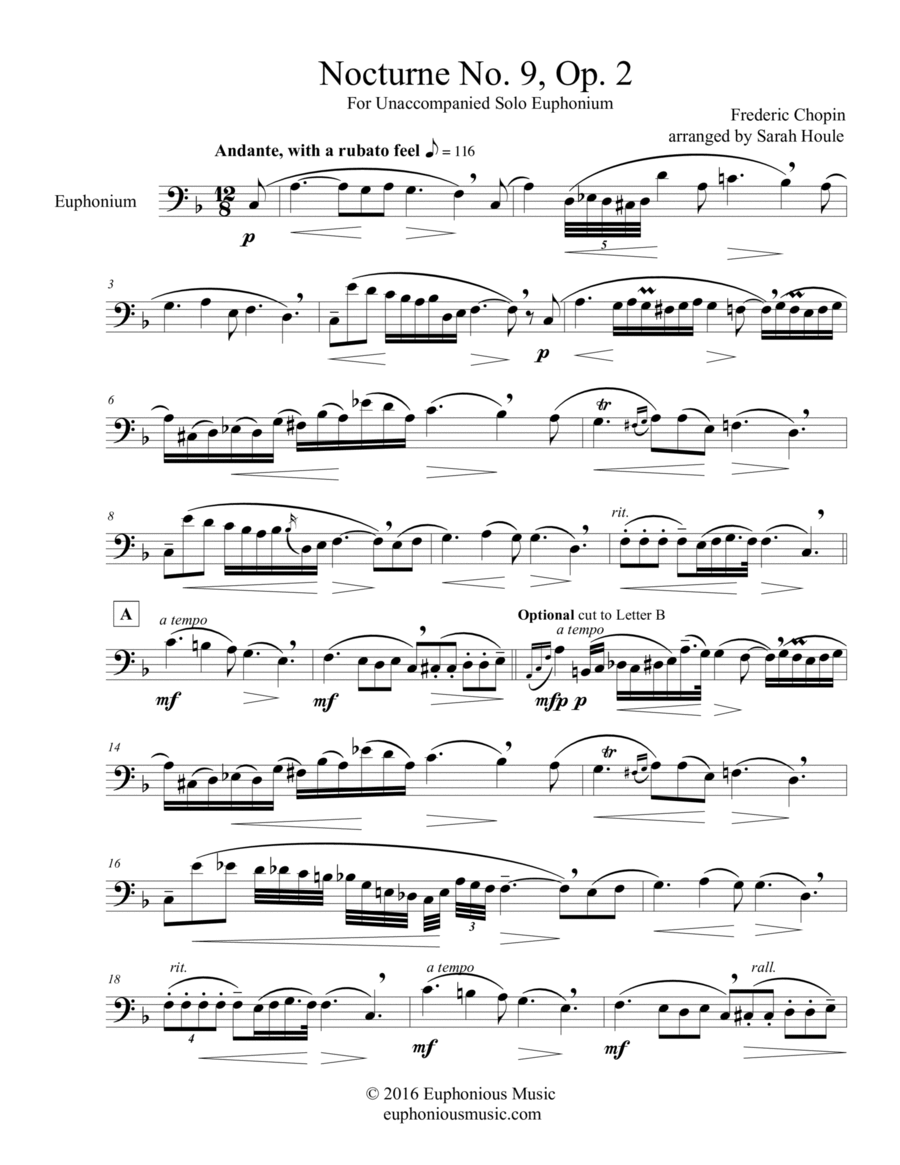Nocturne Op. 9, No. 2 for Solo Unaccompanied Euphonium Euphonium scores gallery preview page 1