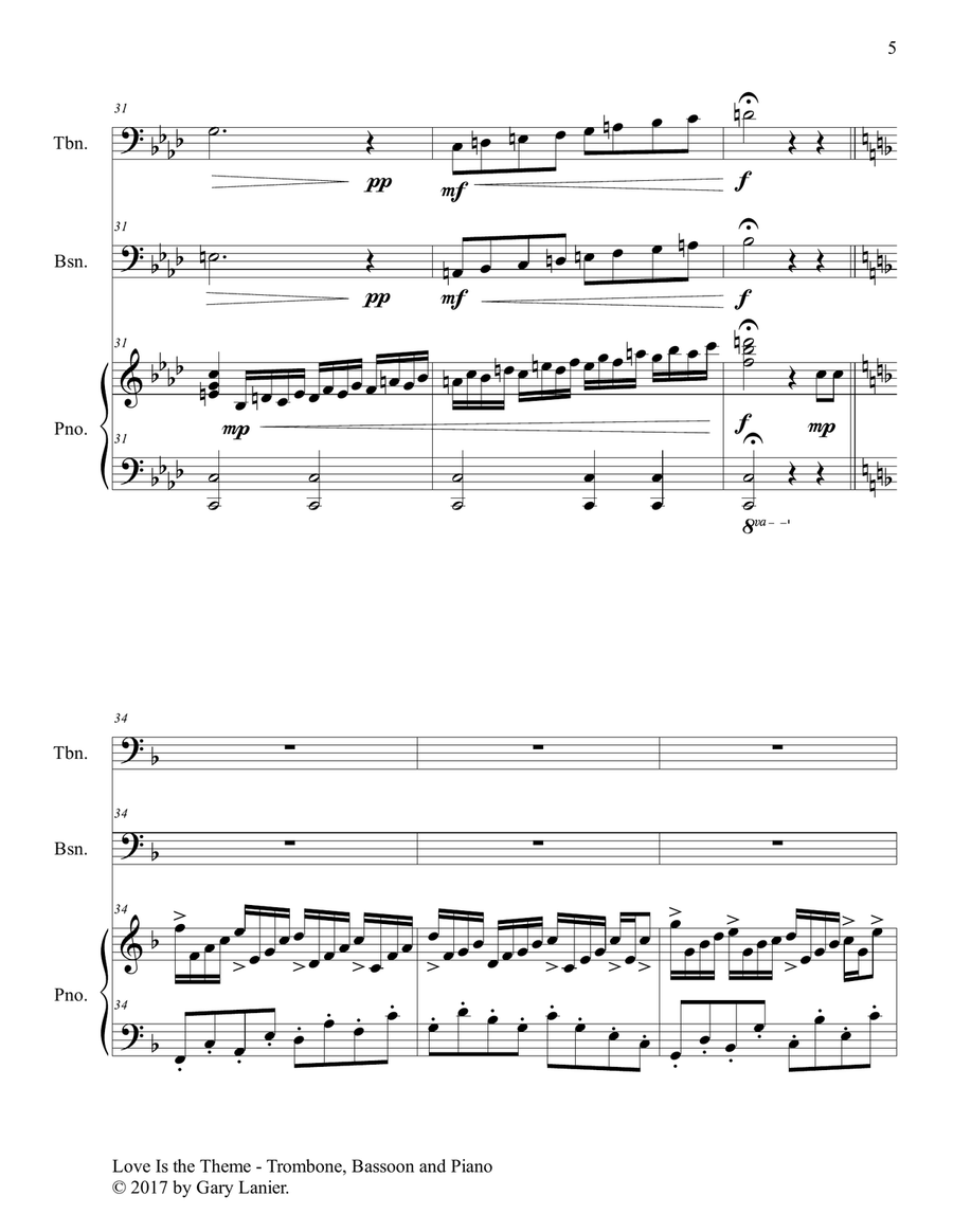 LOVE IS THE THEME (Trio – Trombone, Bassoon & Piano with Score/Parts) Trombone Duet scores gallery preview page 6
