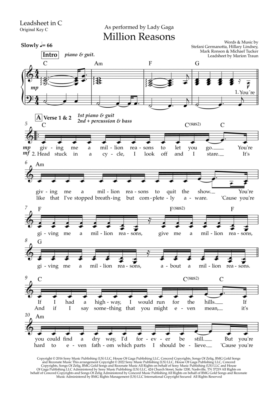Million Reasons Piano scores gallery preview page 1