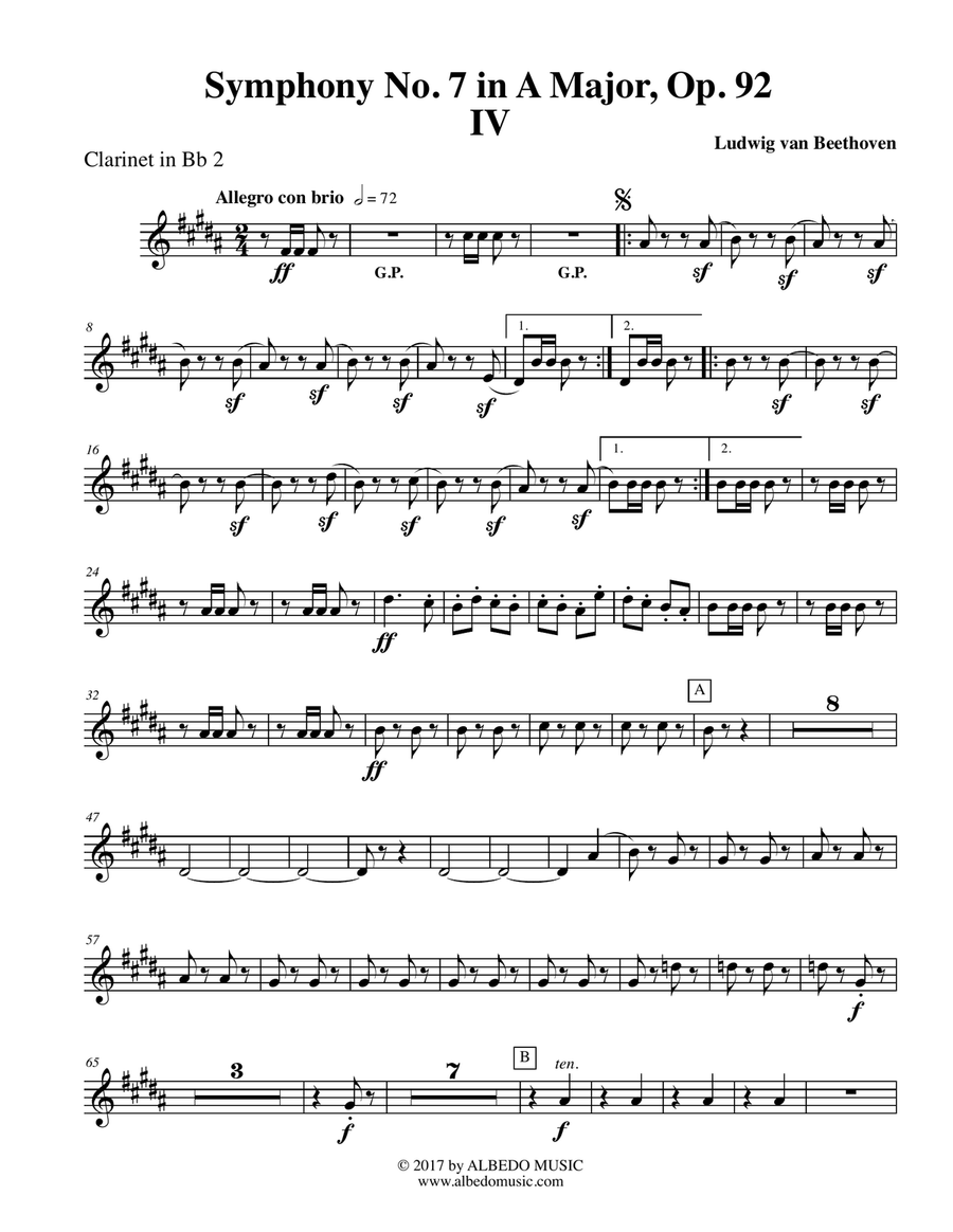 Beethoven Symphony No. 7, Movement IV - Clarinet in Bb 2 (Transposed Part), Op. 92 B-Flat Clarinet scores gallery preview page 1