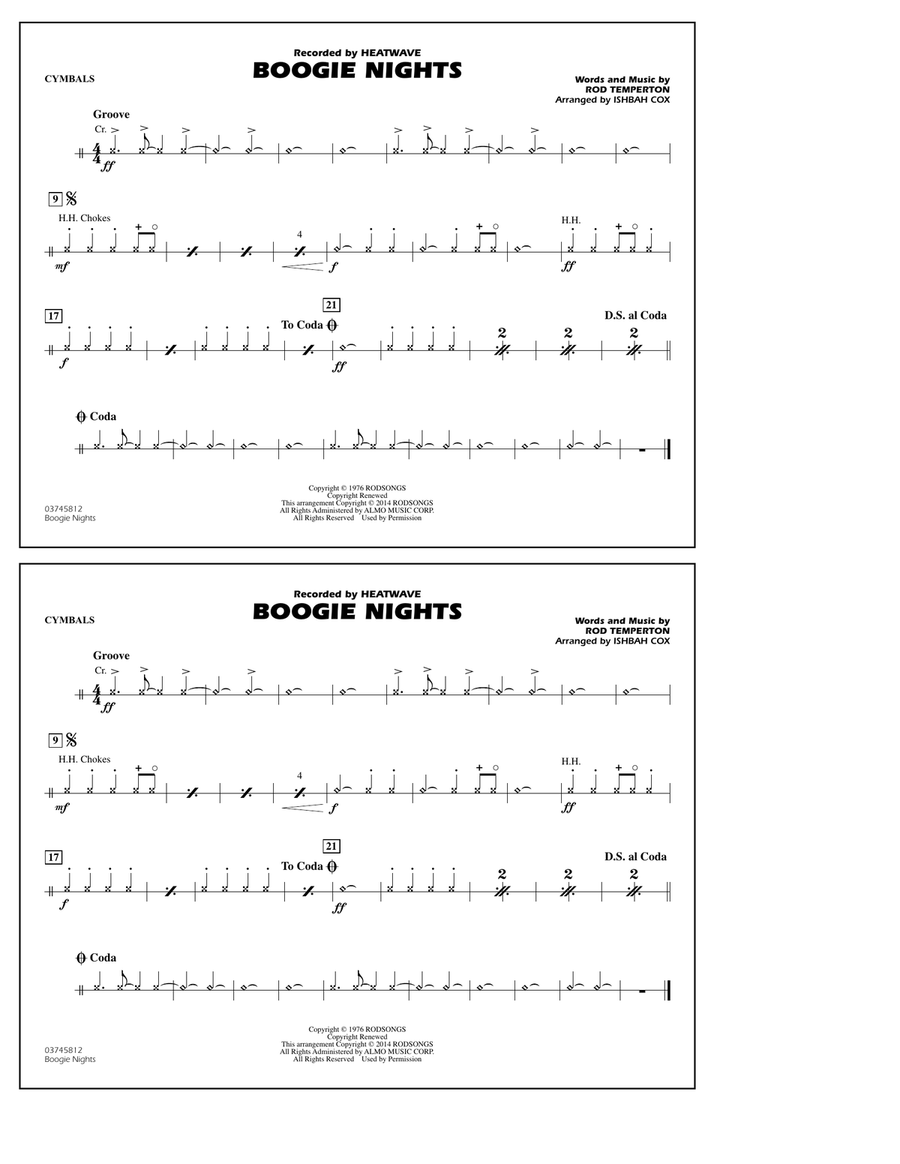 Boogie Nights - Cymbals Boogie Nights - Cymbals Marching Band scores gallery preview page 1