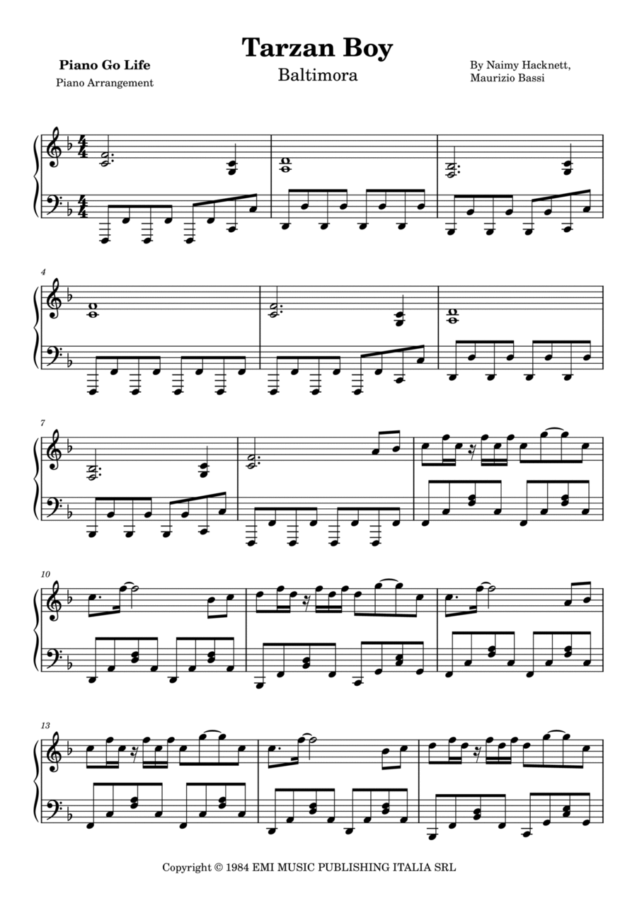 Tarzan Boy Piano Solo scores gallery preview page 1
