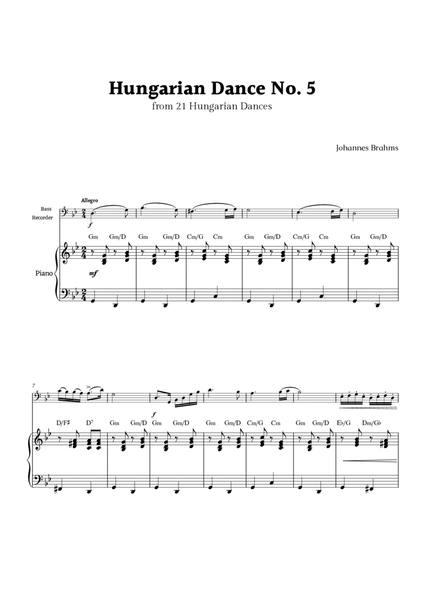 Hungarian Dance No. 5 by Brahms for Bass Recorder and Piano image number null
