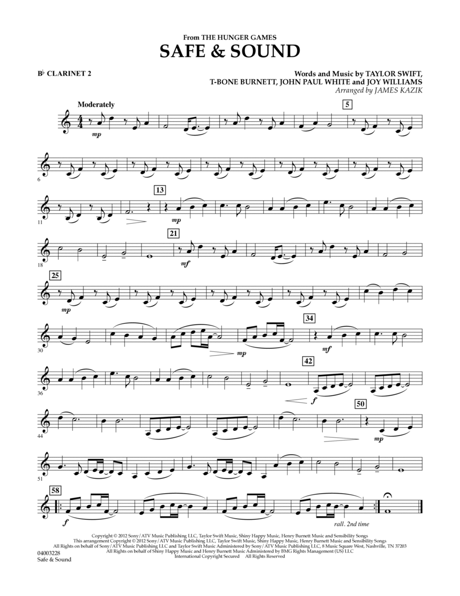 Safe & Sound (from The Hunger Games) - Bb Clarinet 2 Concert Band scores gallery preview page 1