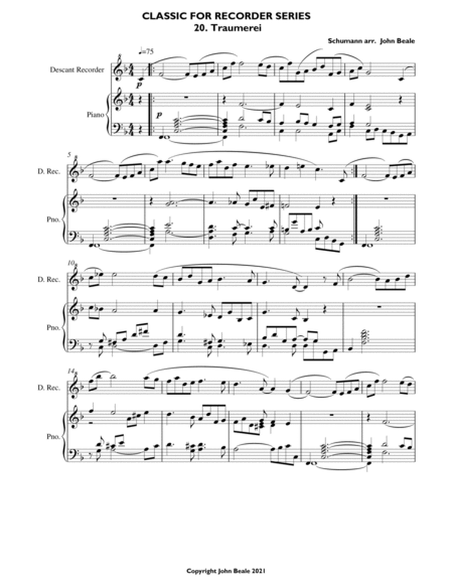 CLASSICS FOR RECORDER SERIES 20 Traumerei Op 15 Schumann for Descant Recorder and Piano image number null