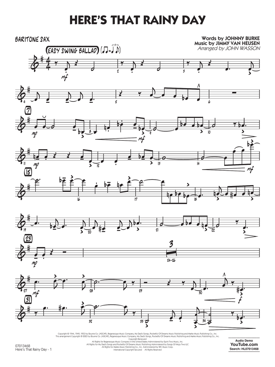 Here's That Rainy Day (arr. John Wasson) - Baritone Sax Jazz Ensemble scores gallery preview page 1