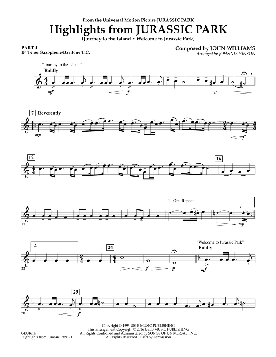 Highlights from Jurassic Park - Pt.4 - Bb Tenor Sax/Bar. T.C. Concert Band scores gallery preview page 1