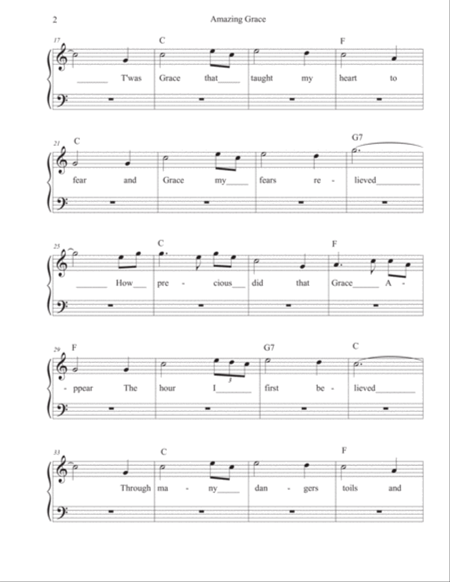 Amazing Grace - (In the easy key of C) - Piano Easy Piano scores gallery preview page 2