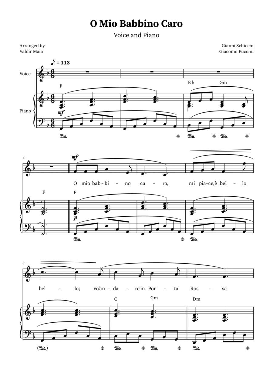 O Mio Babbino Caro - Female Voice in F Major (with chords) Voice scores gallery preview page 1
