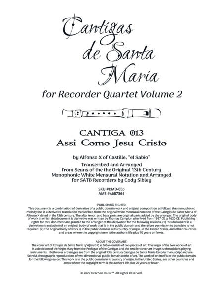 Cantigas de Santa Maria 013 Assi Como Jesu Cristo for Recorder Quartet image number null
