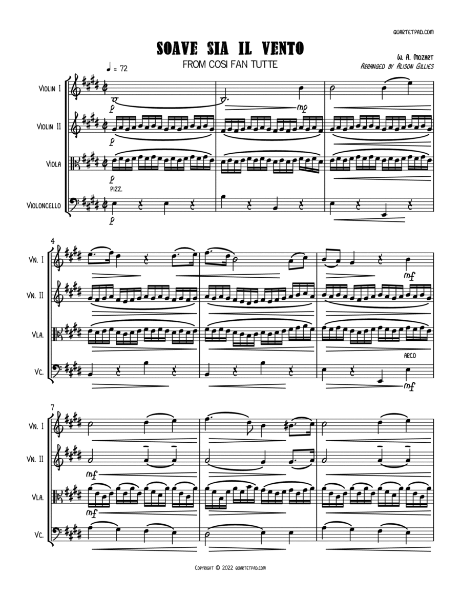 Soave Sia Il Vento from Cosi Fan Tutte | String Quartet String Quartet scores gallery preview page 1