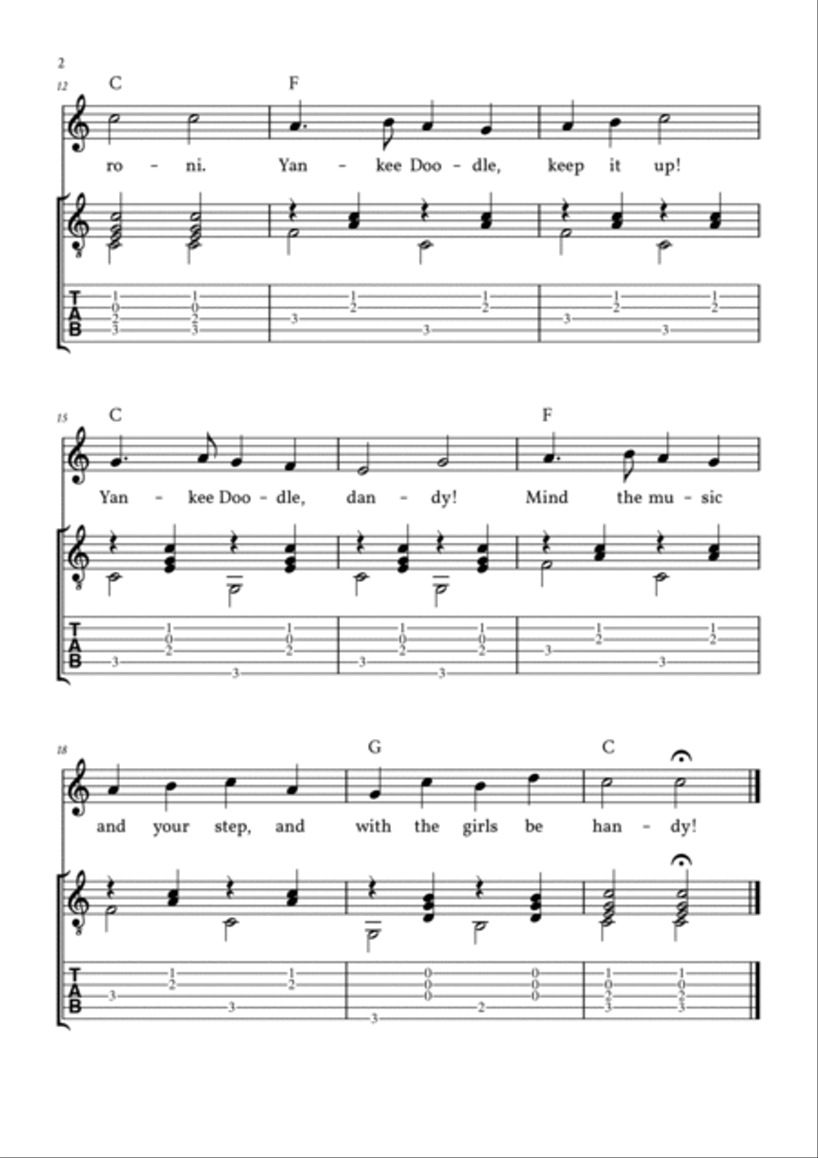 Yankee Doodle - Lead Sheet with Guitar TAB (C Major - Traditional) Acoustic Guitar scores gallery preview page 2