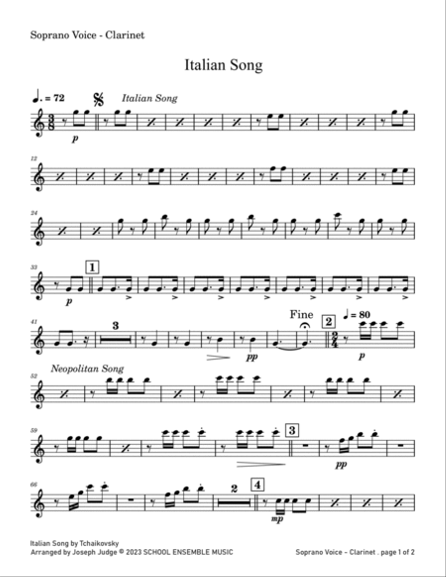 Italian Song by Tchaikovsky for Clarinet Quartet in Schools image number null