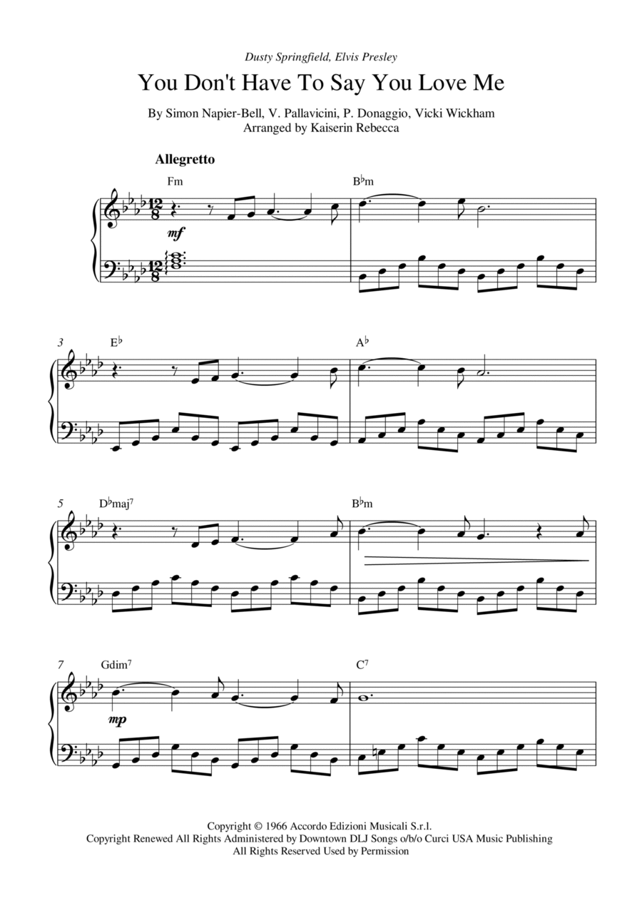You Don't Have To Say You Love Me Piano Solo scores gallery preview page 1