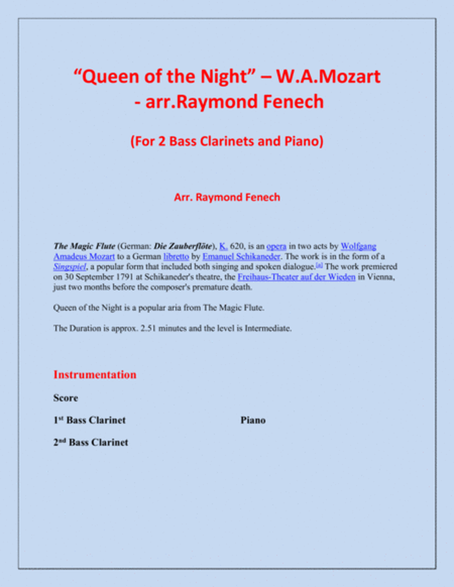 Queen of the Night - From the Magic Flute - 2 Bass Clarinets and Piano image number null