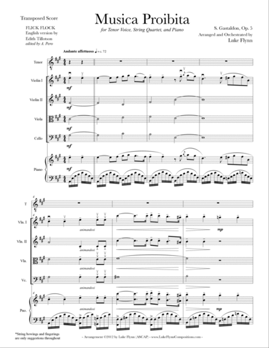 Musica Proibita for Tenor Voice, String Quartet, and Piano Small Ensemble scores gallery preview page 3