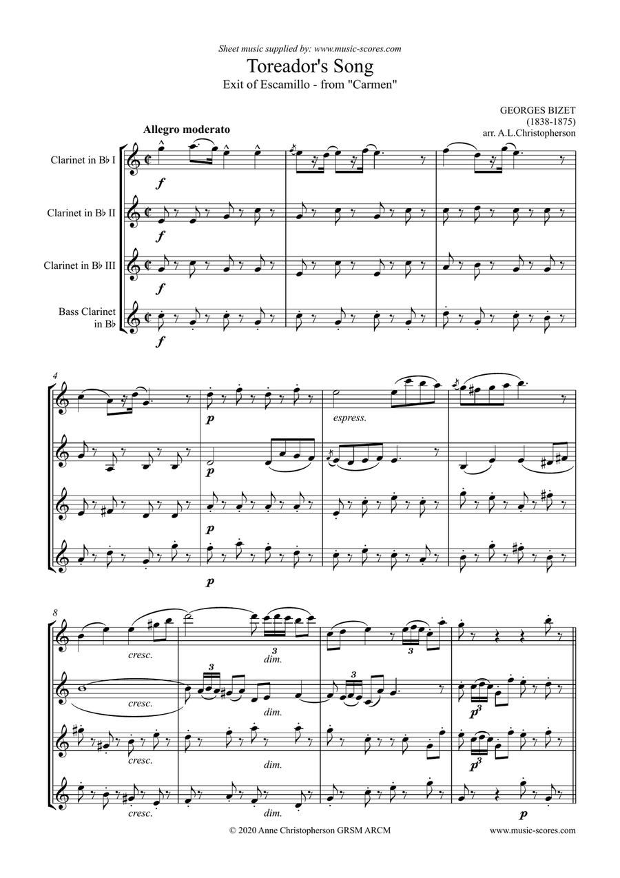 The Toreador Song from Carmen - 3 Clarinets and Bass Clarinet Bass Clarinet scores gallery preview page 1