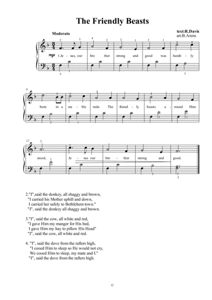 The Friendly Beasts - easy piano with complete lyrics & fingerings image number null