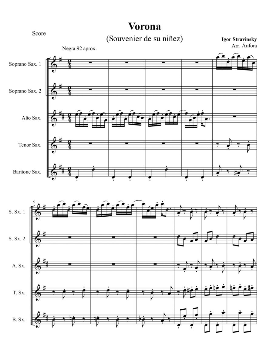 Vorona (The rook), From 3 song (Recollections of my chilhood) Saxophone Quintet scores gallery preview page 1