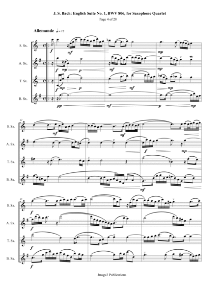 Bach: English Suite No. 1, BWV 806, for Saxophone Quartet - Score Only image number null