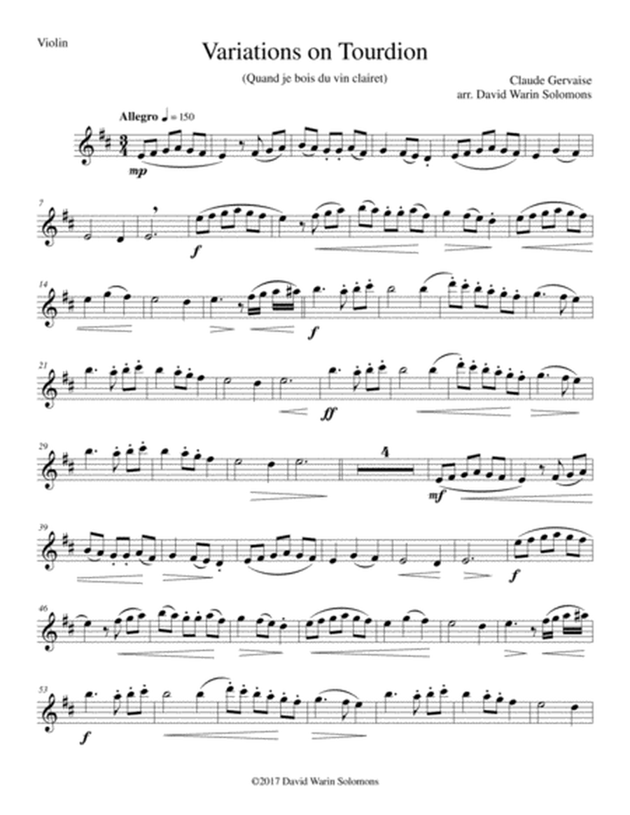 Tourdion (Quand je bois du vin clairet) for violin and piano image number null