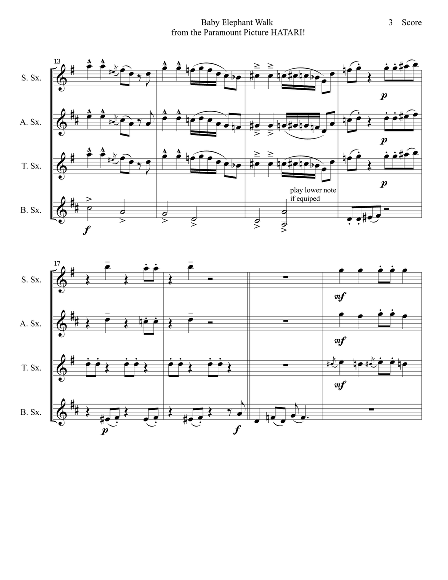 Baby Elephant Walk from the Paramount Picture HATARI! Saxophone Quartet scores gallery preview page 4