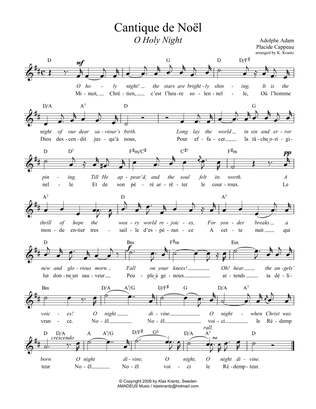 O Holy Night / Cantique de noel, lead sheet for voice with guitar chords (D Major)