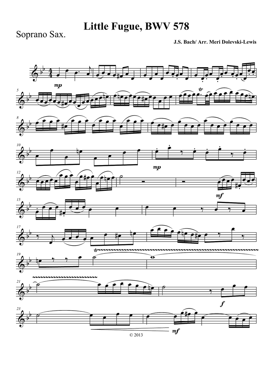 Little Fugue in G minor (transposed to D minor)--arr. sax quartet (SATB or AATB) Saxophone Quartet scores gallery preview page 1