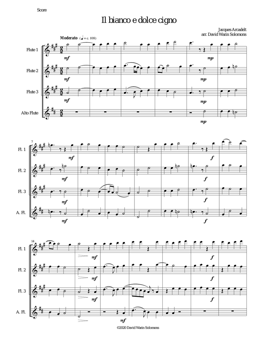 Il bianco e dolce cigno arranged for 3 flutes and alto flute Flute Trio scores gallery preview page 1