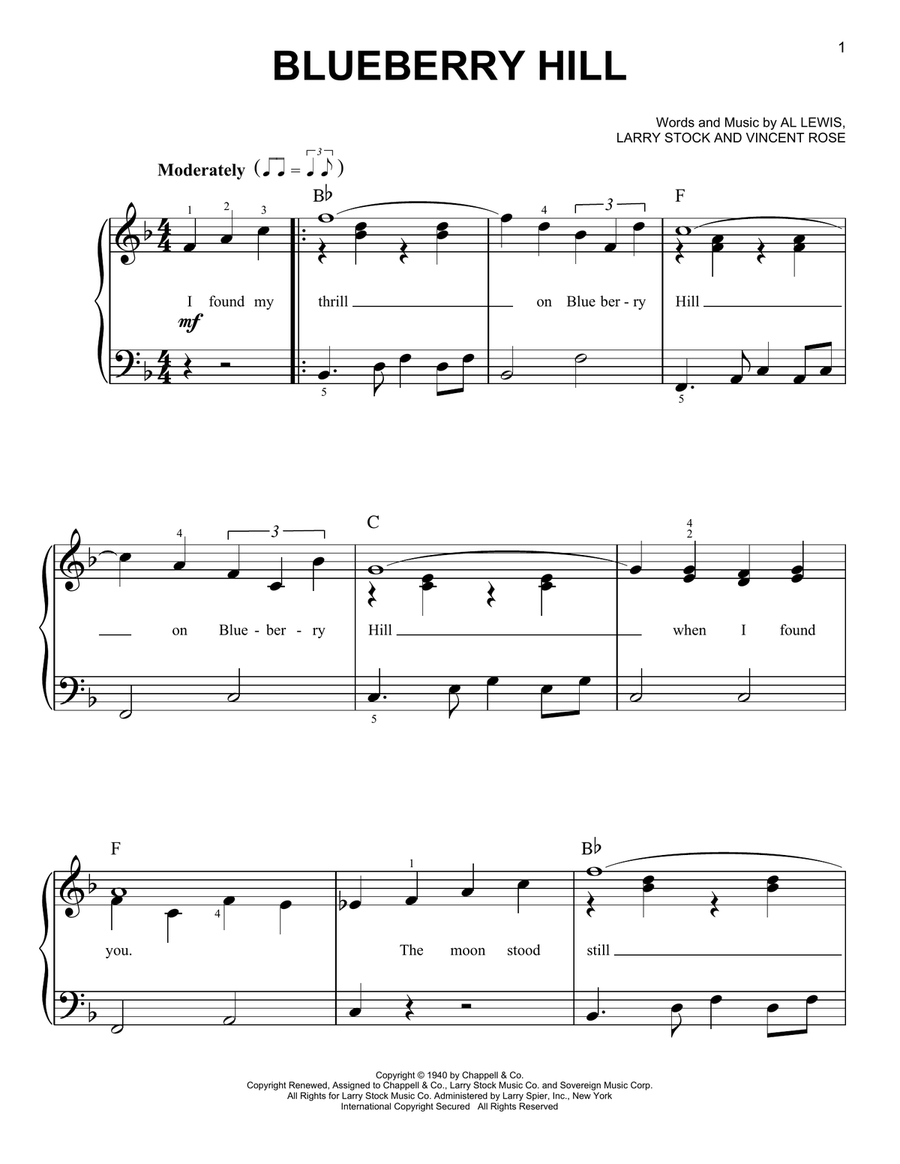 Blueberry Hill Easy Piano scores gallery preview page 1
