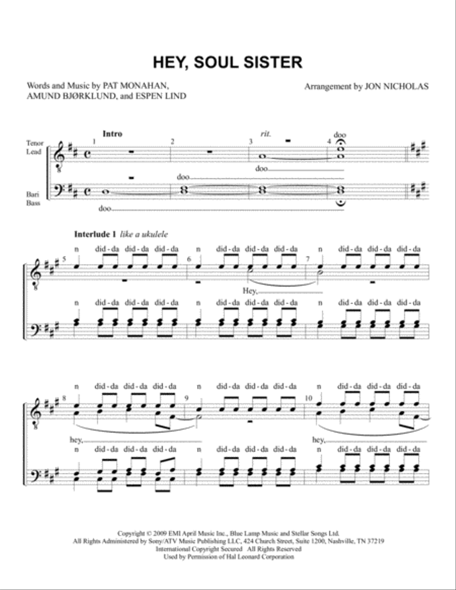 Hey, Soul Sister TTBB scores gallery preview page 1
