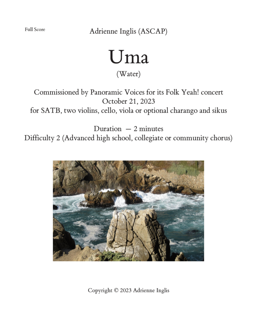 Uma for SATB and string quartet, with optional charango and sikus 4-Part scores gallery preview page 1