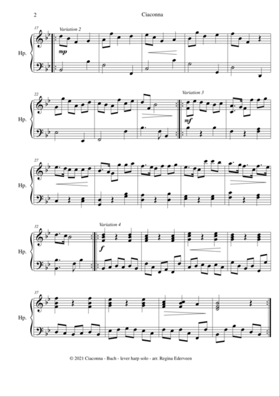 Ciaconna (J.B. Bach) - lever harp solo Celtic Harp scores gallery preview page 2