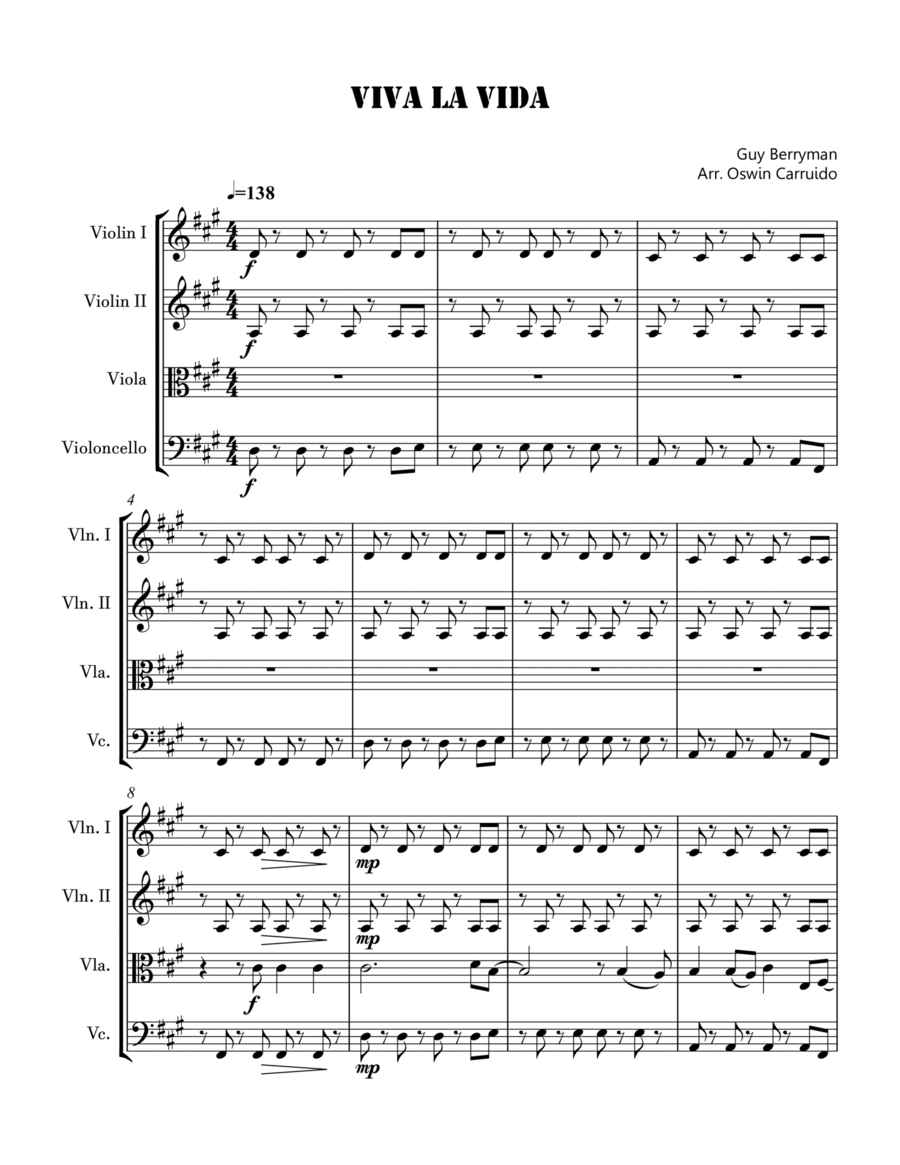 Viva La Vida String Quartet scores gallery preview page 1