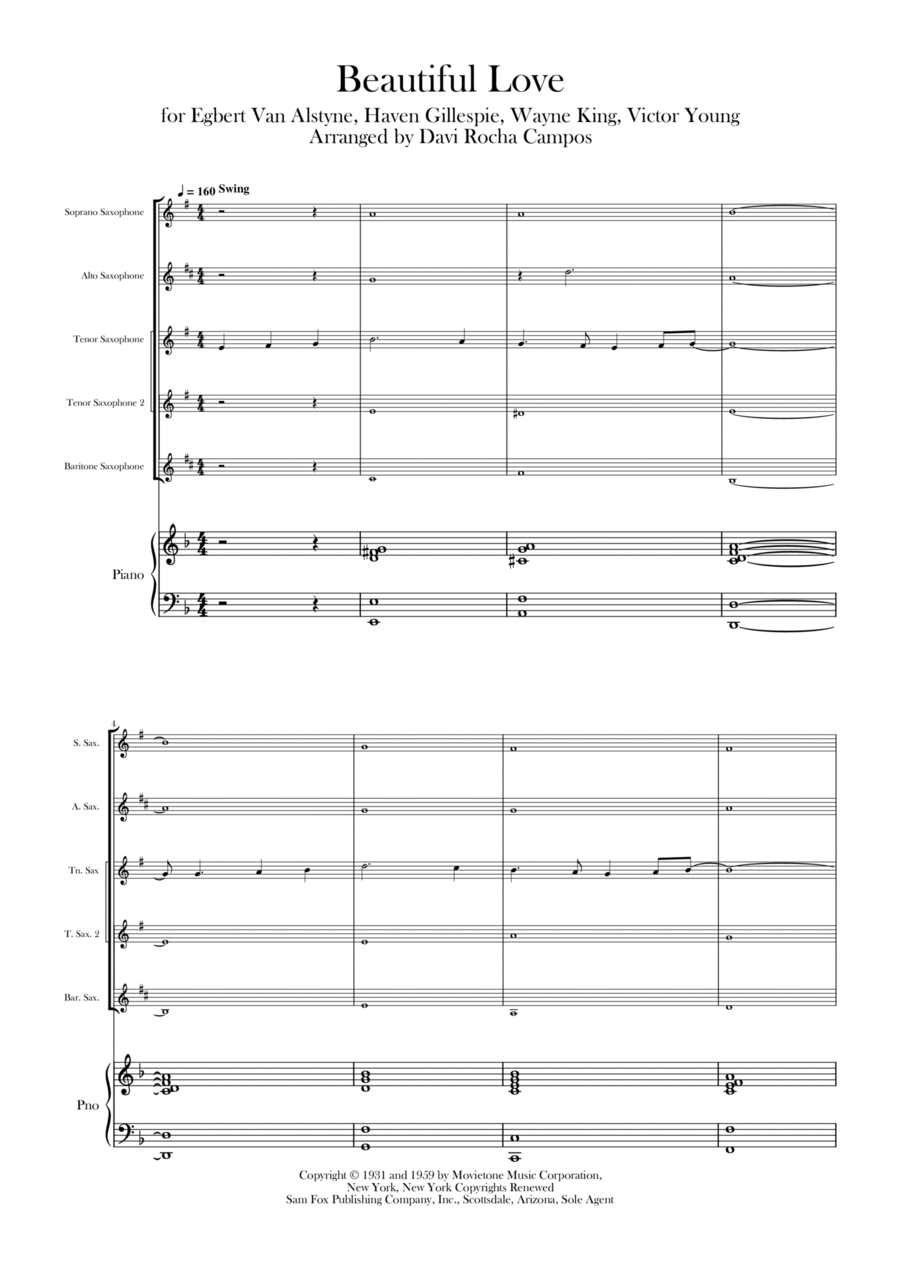 Beautiful Love Saxophone Quintet scores gallery preview page 1
