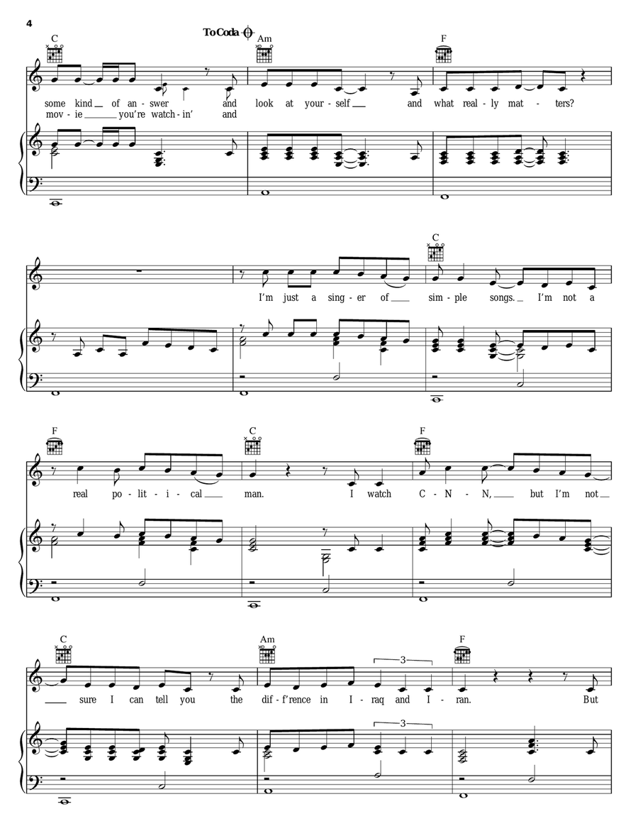 Where Were You (When The World Stopped Turning) Piano, Vocal, Guitar scores gallery preview page 4