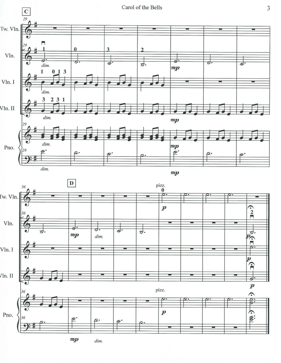Carol of the Bells for Violin Ensemble of four parts, on different ability levels, from pre-Twinkle 4-Part scores gallery preview page 6