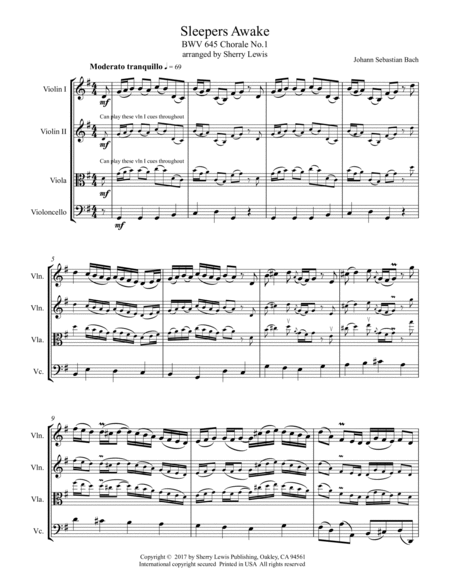 SLEEPERS AWAKE BWV 645 Chorale No.1 String Quartet, Intermediate Level for 2 violins, viola and cell image number null