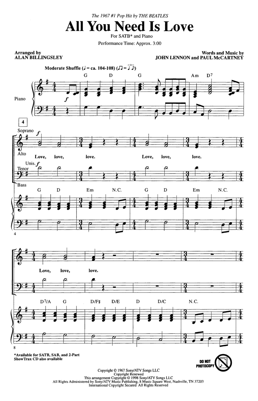 All You Need Is Love (arr. Alan Billingsley) 4-Part scores gallery preview page 1