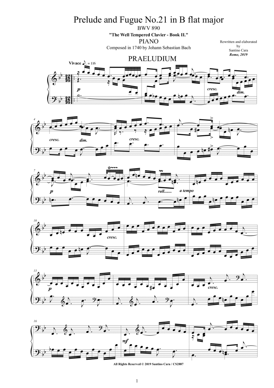Bach - Prelude and Fugue No.21 in B flat major BWV 890 for Piano Piano Solo scores gallery preview page 1